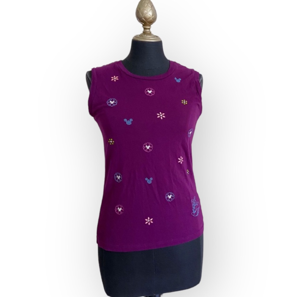 Disney Parks Top Sleeveless Embroidered Floral Shirt Purple Blue Size Small